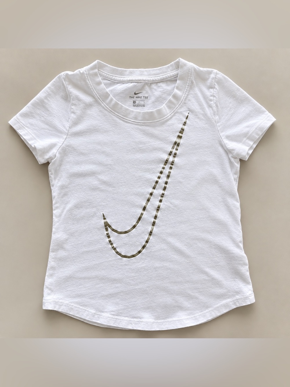 Nike White Short-Sleeve Tee with Olive Check Swoosh